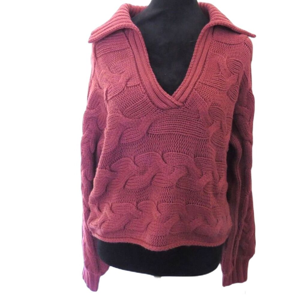 Emory Park Women's Fallon Chunky Cable Knit Semi Cropped Sweater Maroon M EUC